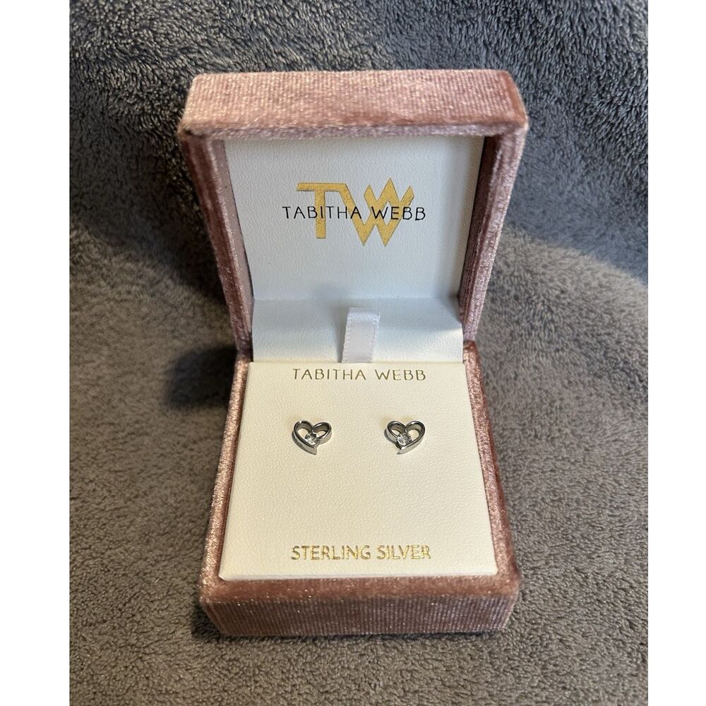 Tabitha Webb 925 Sterling Silver Heart Stud Earrings Zircon Stones Signed Box